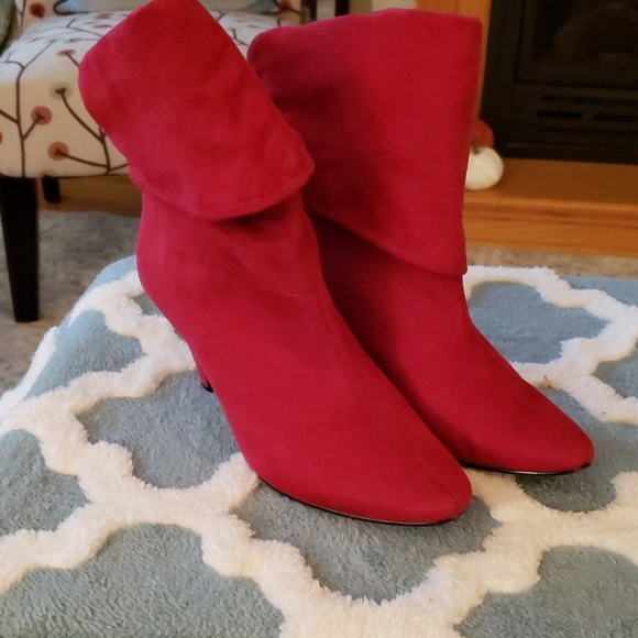 red faux suede boots
